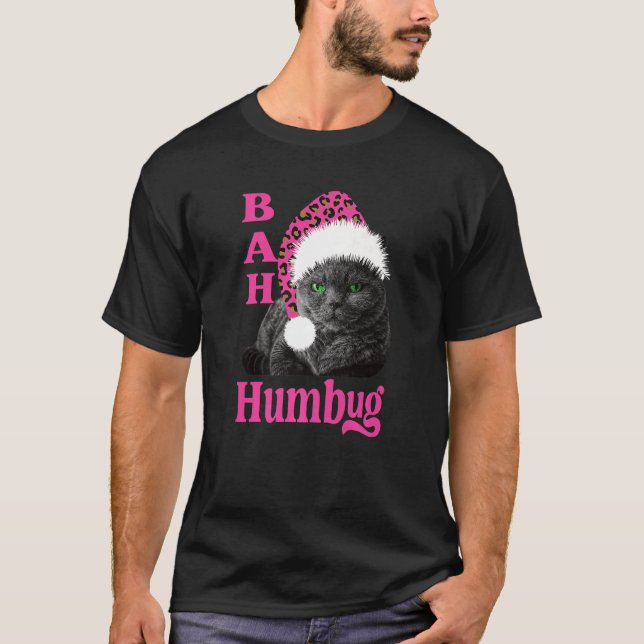 Bah Humbug Cat Leopard Print Weihnachtsmannmütze W T-Shirt (Vorderseite)