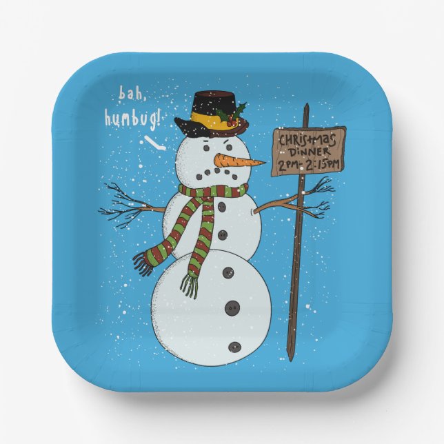 Bah Humbug mürrischer Weihnachts-Schneemann Introv Pappteller (Vorderseite)