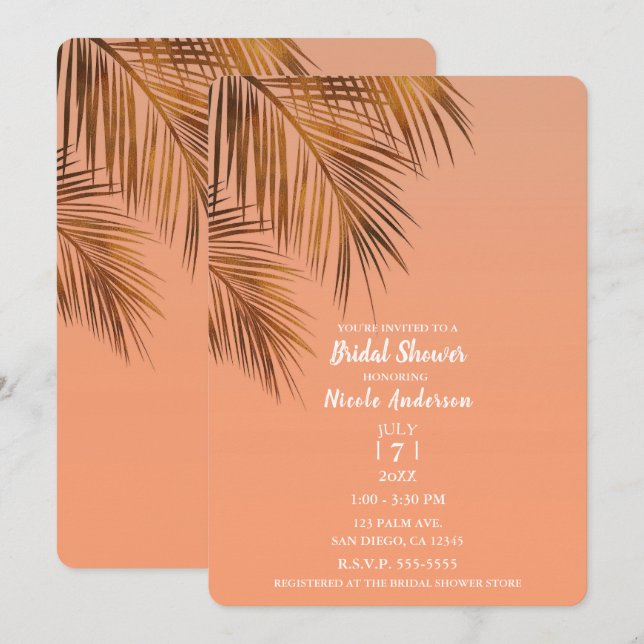 Bahama Breeze Bronze Palm Coral Brautparty Einladung (Vorne/Hinten)
