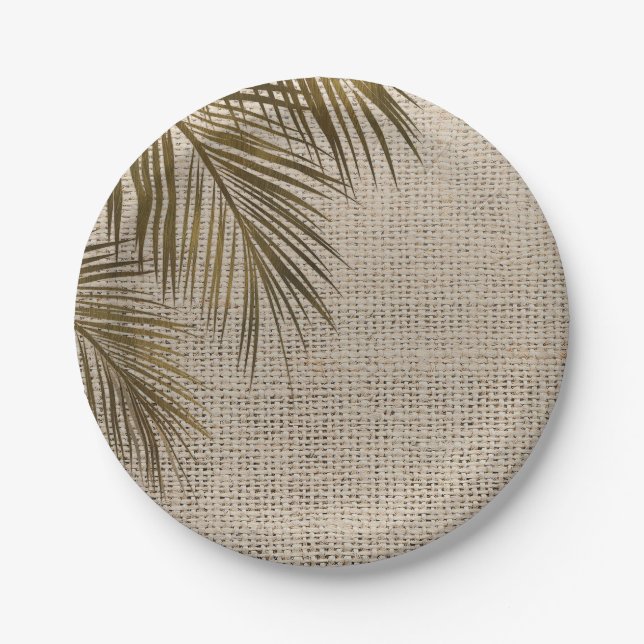 Bahama Breeze Bronze Palm Rustic Burlap Wedding Pappteller (Vorderseite)