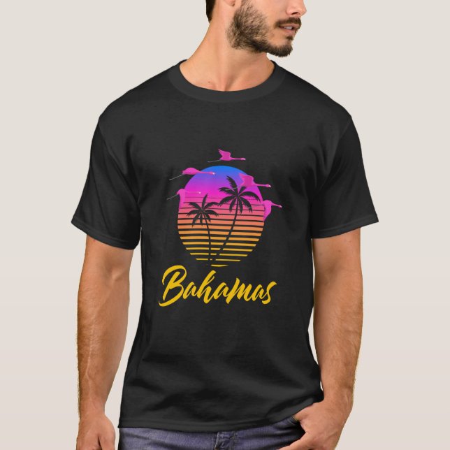 Bahamas Caribbean Retro Sunset Palm Tree Flamingo  T-Shirt (Vorderseite)