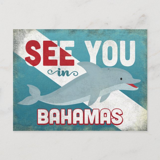 Bahamas Dolphin - Retro Vintage Travel Postkarte (Vorderseite)