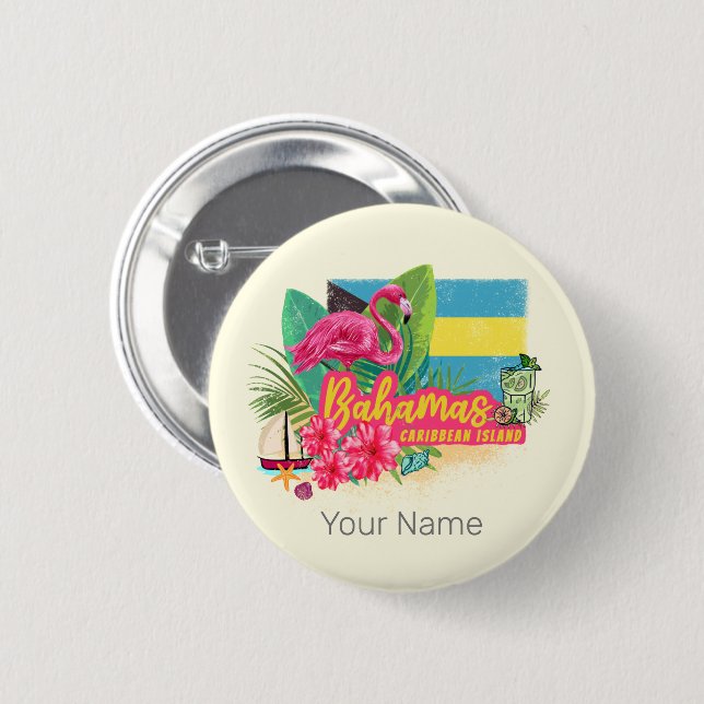 Bahamas Retro-Karibikinsel Flamingo Vintag Button (Vorne & Hinten)