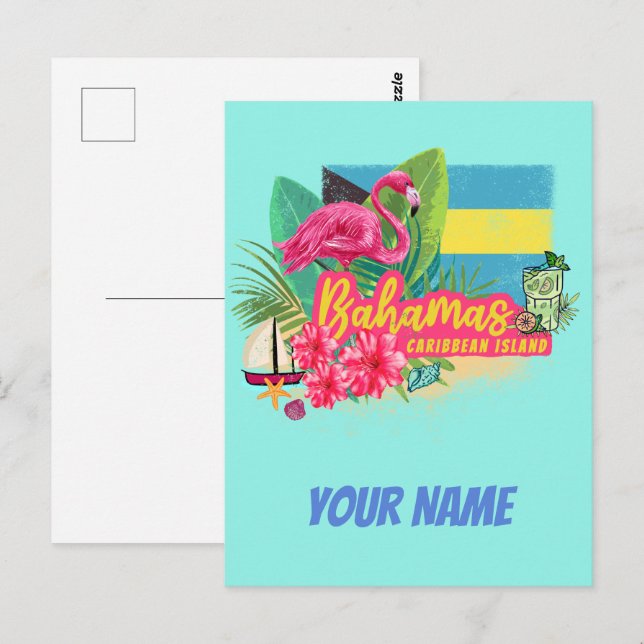 Bahamas Retro-Karibikinsel Flamingo Vintag Postkarte (Vorne/Hinten)