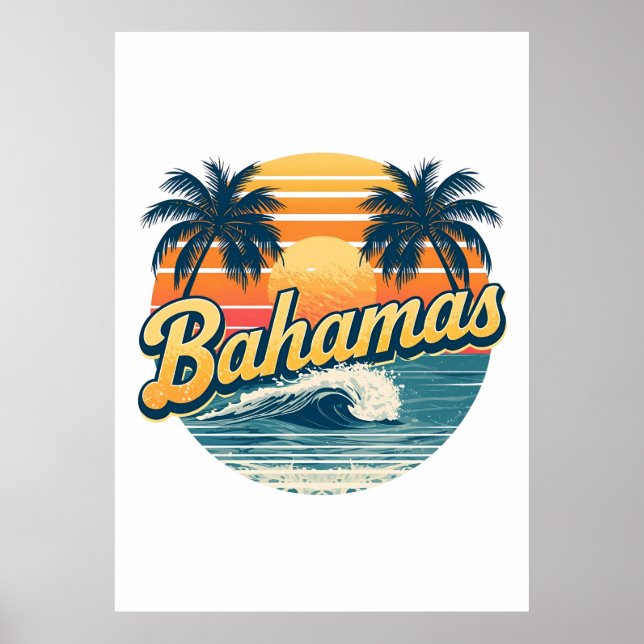 Bahamas Retro Sunset Palm Trees Design Poster (Vorne)
