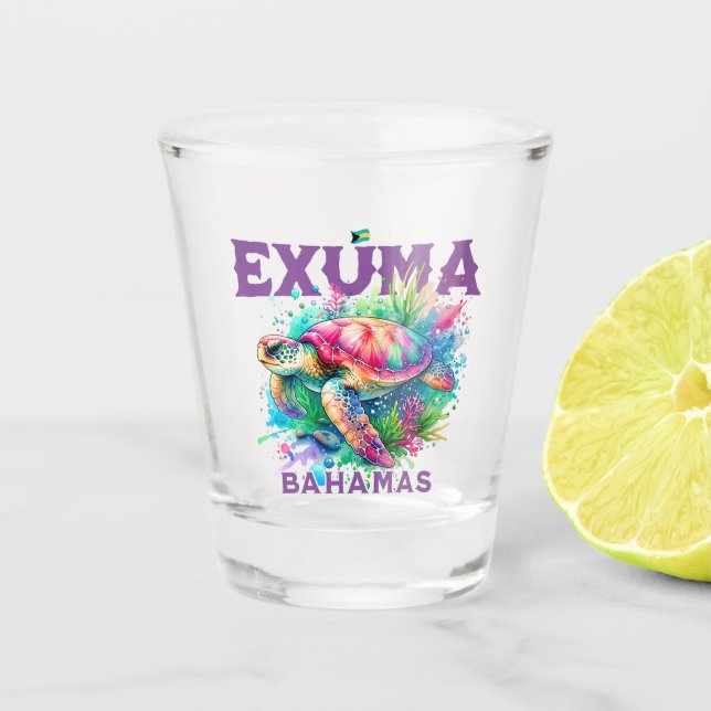 Bahamas Souvenir Geschenk: Exuma Bahamas Sea Turtl Schnapsglas (Vorderseite)