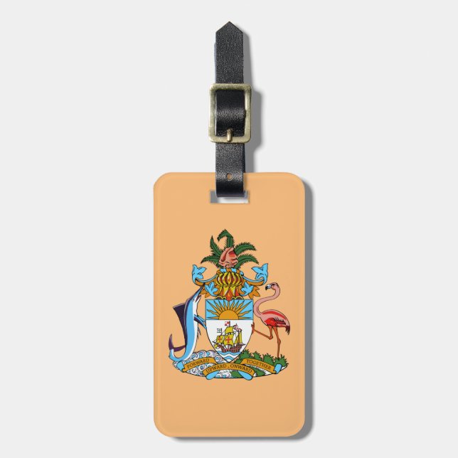 Bahamas-Wappen - Marlin, Flamingo, Conch Gepäckanhänger (Vorderseite vertikal)