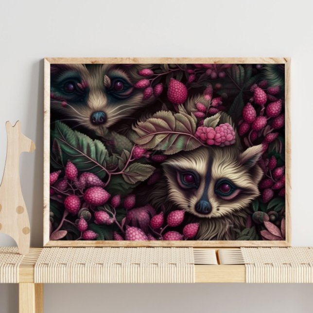 Baies roses de Forest Raccoon | Impression murale  (Créateur téléchargé)