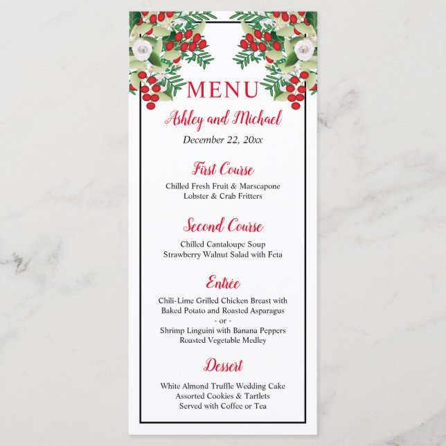 Baies rouges | Menu Mariage Vacances Florales vert (Devant)