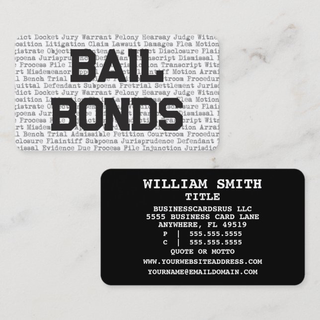 Bail Bonds Legal Words Business Card Visitenkarte (Vorne/Hinten)