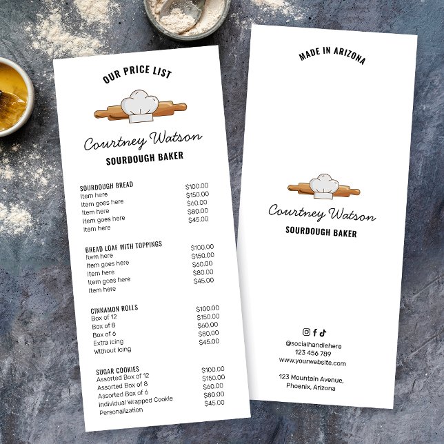 Bain à pâte feuilletée Moderne 4x9" Menu Prix (Modern bakery price list rack card with bakery clipart in minimalist black & white)