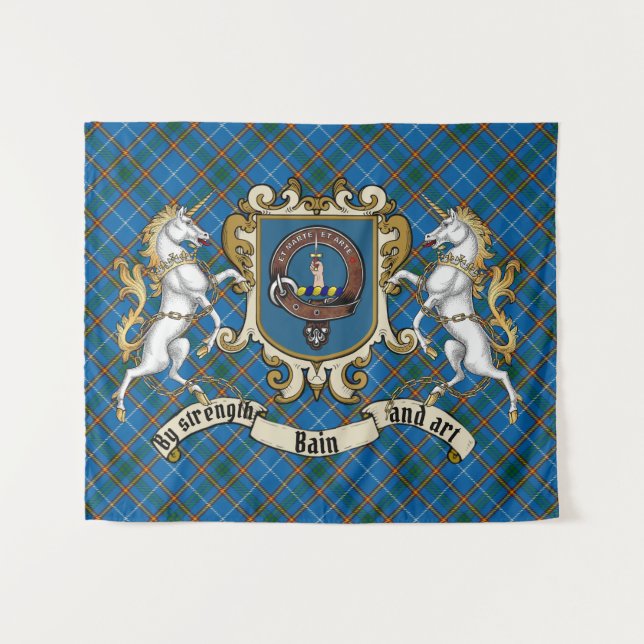 Bain Clan Abzeichen & Unicorns mit Tartan Wandteppich (Vorderseite (Horizontal))