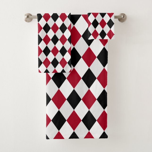 Bain Motif Diamant Arlequin Noir et Rouge (En situation)