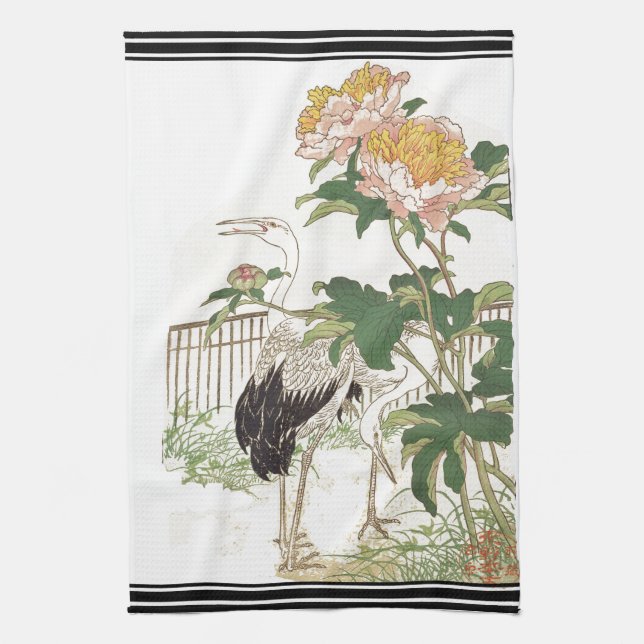 Bairei Japon Crane Bird Peony Serviette de cuisine (Vertical)
