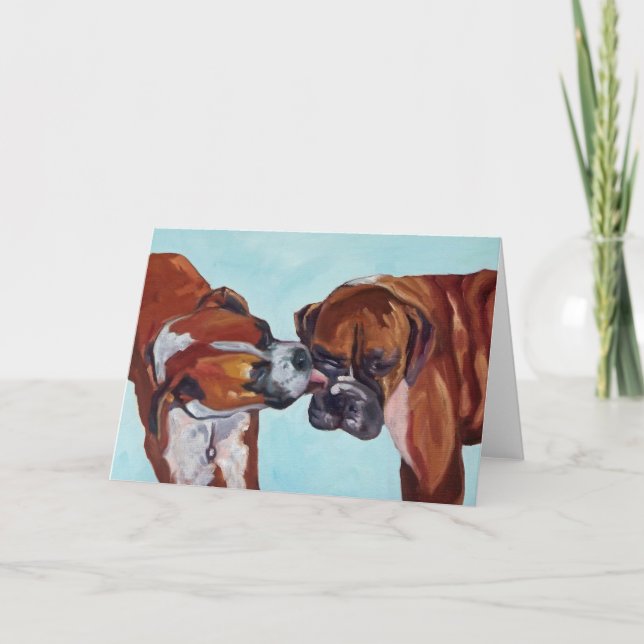 Baiser Boxer Chiens Beaux-Art Carte de voeux (Devant)