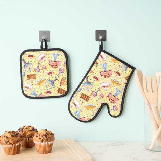 Bake Sale Süßigkeiten Gelbe Polka Dot Hintergrund Ofenhandschuh & Topflappen-Set (Insitu (Hängend))