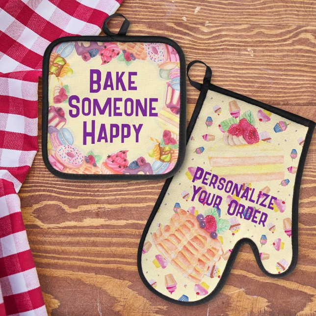 Bake Someone Happy Watercolor Desserts Ofenhandschuh & Topflappen-Set (Von Creator hochgeladen)