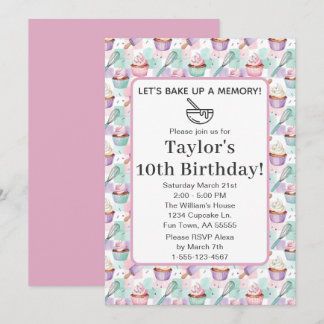 Bake Up Memory Fun Watercolor Cupcake Birthday  Einladung