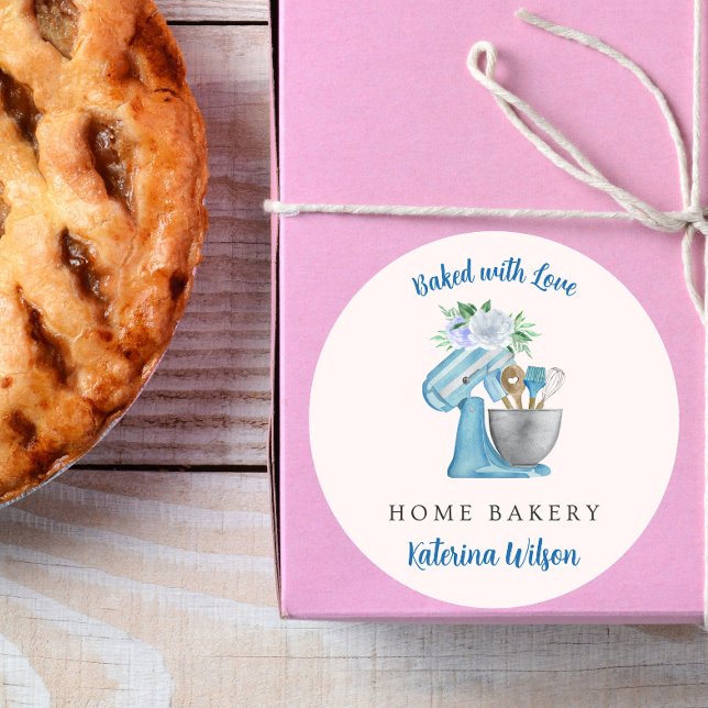 Baked with Love Blue Flower Mixer Runder Aufkleber (Von Creator hochgeladen)