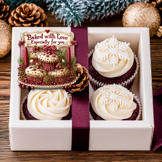 Baked with Love Cupcakes Red Candles Red Ribbons Quadratischer Aufkleber