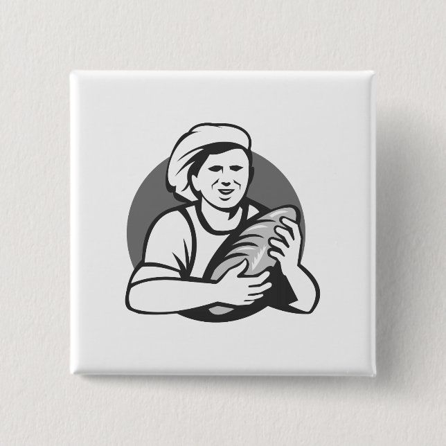 Baker Holding Brot Loaf Graustufen Retro Button (Vorderseite)