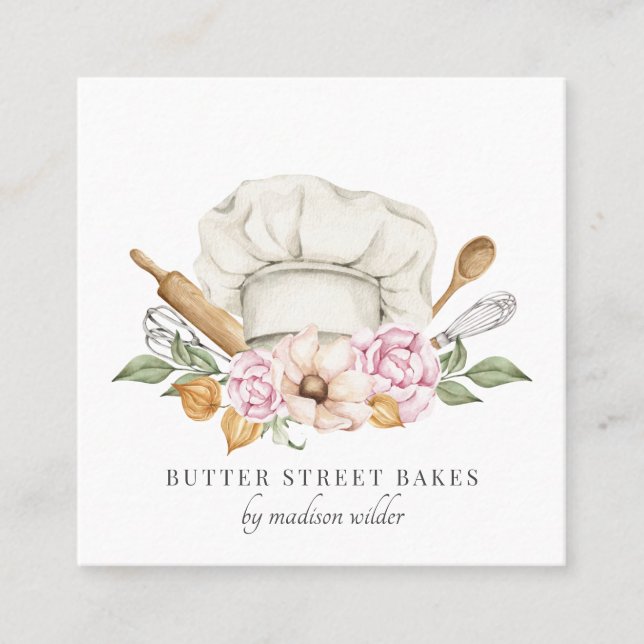 Baker Konditorei Koch Aquarell Koch Hat Utensitäte Quadratische Visitenkarte (Vorderseite)
