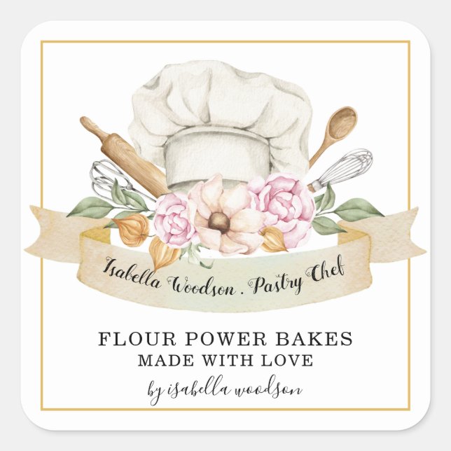 Baker Konditorei Koch Aquarellbäcker Quadratischer Aufkleber (Vorderseite)
