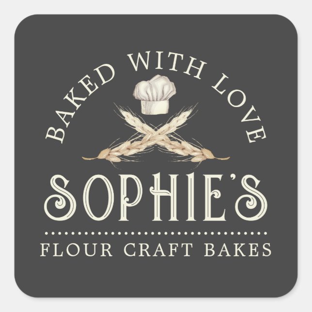 Baker-Logo-Bäckerei Konditorei Koch Schwarzes Prod Quadratischer Aufkleber (Vorderseite)