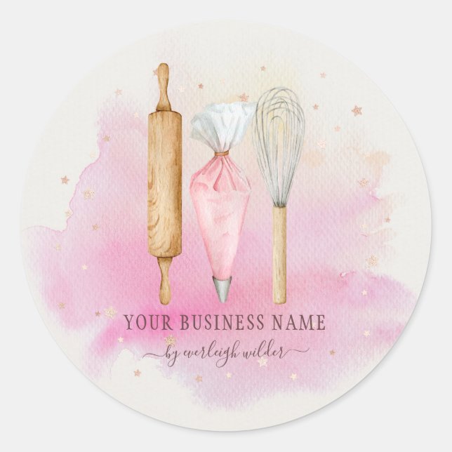 Baker Pastry Koch Utensities Pink Produktkennzeich Runder Aufkleber (Vorderseite)