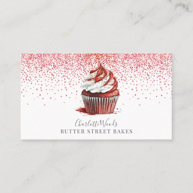 Baker Pastry Köche Red Velvet Cupcake Pink Glitzer Visitenkarte (Vorderseite)