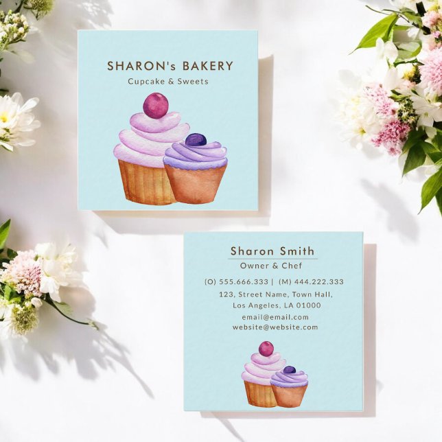 Baker Pink Lila Bäckerei Cup Kuchen Blau Quadratische Visitenkarte (Von Creator hochgeladen)