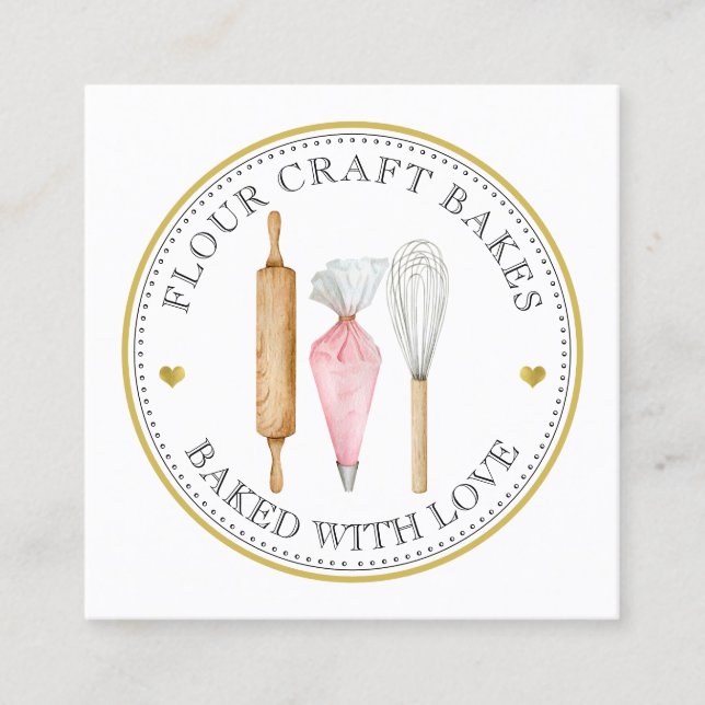 Baker's Pink Gold Logo Utensils Business Card Quadratische Visitenkarte (Vorderseite)