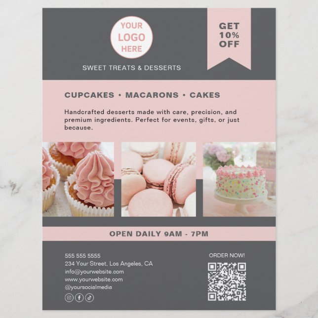 Bakery Custom Logo Grau Pink Flyer (Vorne)