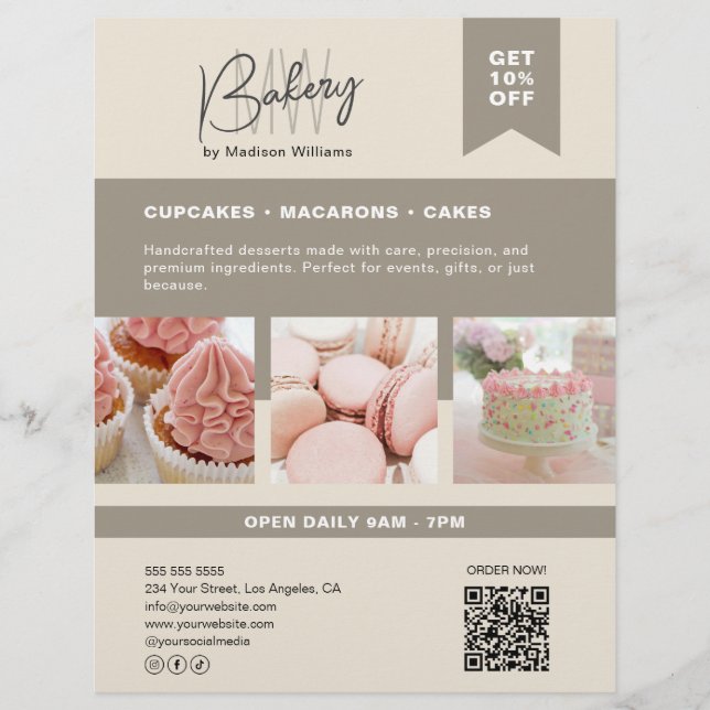 Bakery Custom Monogram Logo Beige Flyer (Vorne)
