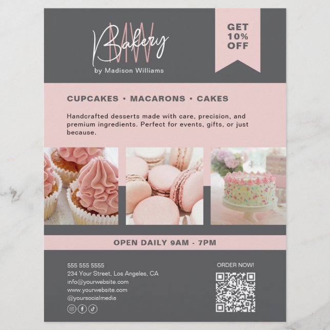 Bakery Custom Monogram Logo Grau Pink Flyer (Vorne)