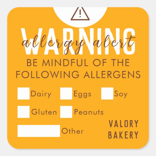 Bakery Food Allergy Alert Safety Orange Quadratischer Aufkleber (Vorderseite)