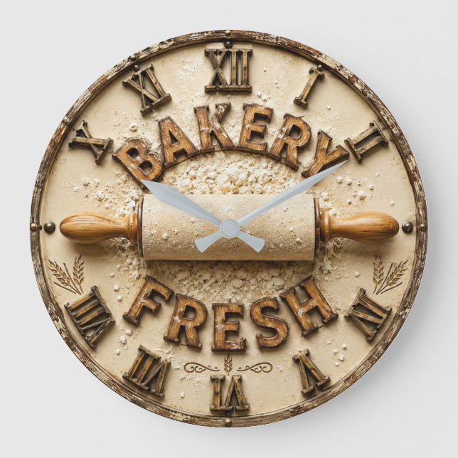 Bakery Fresh Rustic Baking Kitchen Decor Große Wanduhr (Vorderseite)