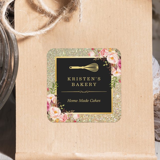 Bakery Koch Whisky Logo | Floral Gold Glitzer Quadratischer Aufkleber (Von Creator hochgeladen)