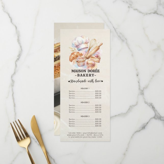 Bakery Pastry Chef Baking Catering Gold Price List Menükarte (Vorderseite/Rückseite Beispiel)