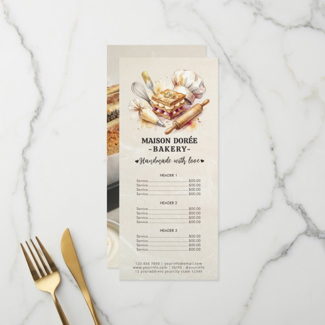Bakery Pastry Chef Baking Catering Gold Price List Menükarte (Vorderseite/Rückseite Beispiel)