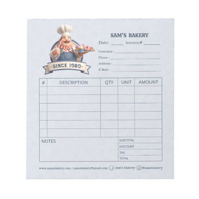 Bakery Pastry Chef Invoice Sale Order Form Receipt Notizblock (Vorderseite)