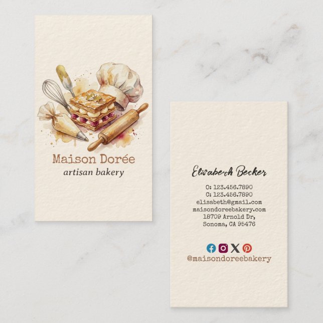 Bakery Pastry Chef Watercolor Gold Baking Catering Visitenkarte (Vorne/Hinten)