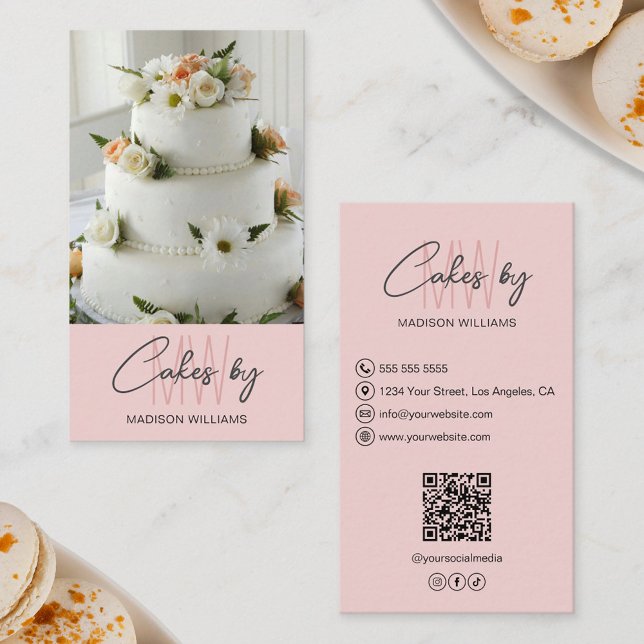 Bakkake Custom Monogram Logo Pink Visitenkarte (Bakery Cake Custom Monogram Logo Pink Business Card)