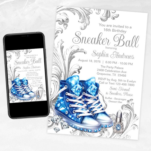 Bal Basket Bleu Anniversaire Fête Invitation (Blue and Silver Sneaker Ball Invitation with Pretty Blue Diamond Sneakers, Diamonds and Swirls)