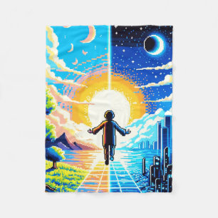 Balance of Worlds - Futuristische Pixel Art Tech Fleecedecke