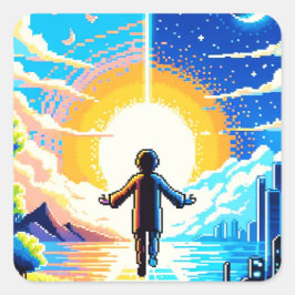 Balance of Worlds - Futuristische Pixel Art Tech Quadratischer Aufkleber