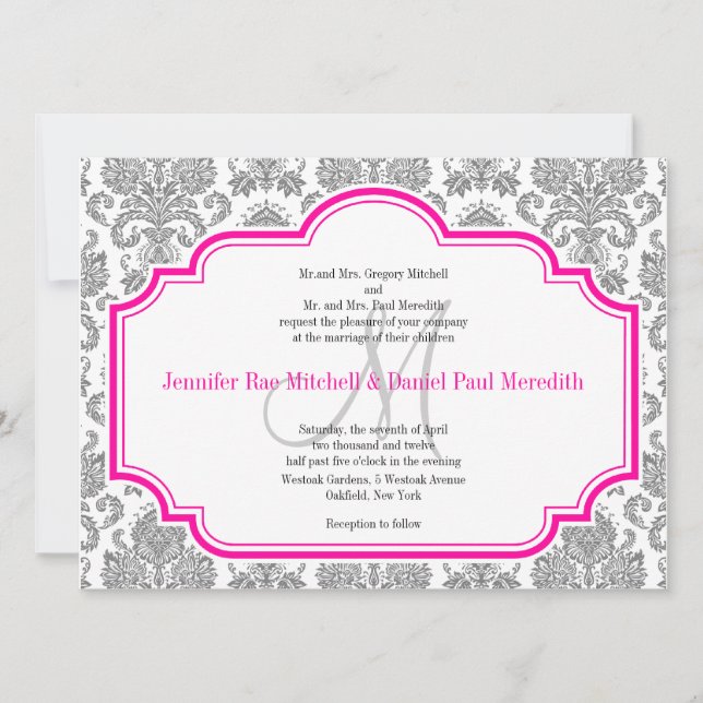 Balck Damask Hot Pink White Wedding Einladungen (Vorderseite)
