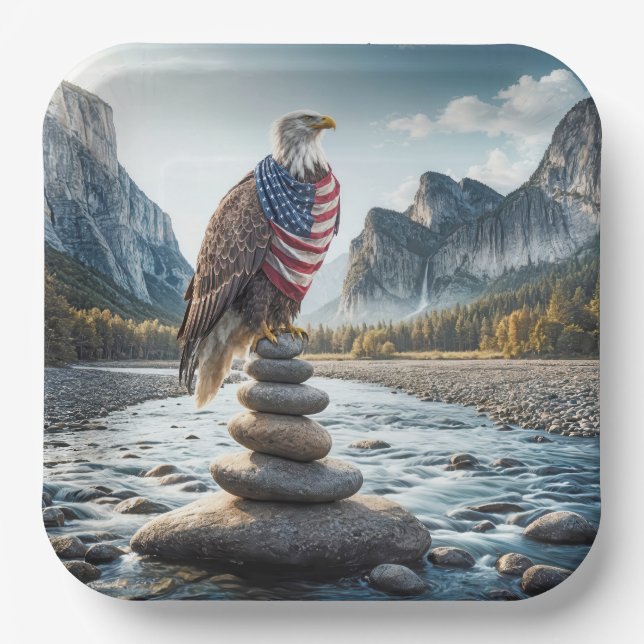 Bald Adler auf Cairn mit amerikanischer Flagge Pappteller (Vorderseite)