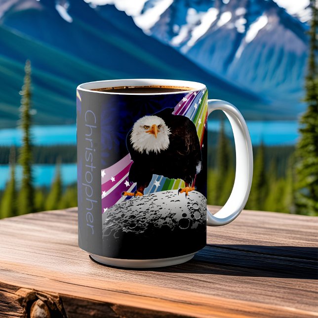 Bald Adler auf Moon Fun Rainbow Space Fans Name Kaffeetasse (Eagle has landed space mug with rainbow and moon)