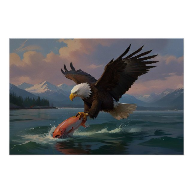 Bald Adler Fangen Sie einen Lachs in der Abenddämm Poster (Vorderseite)